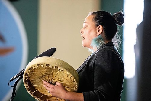 MIKAELA MACKENZIE / WINNIPEG FREE PRESS
	
Charlene Hallett, RAAM cultural integration lead, sings a closing song at a media event about the RAAM clinic at the Aboriginal Health and Wellness Centre on Tuesday, Dec. 12, 2023. For Danielle story.
Winnipeg Free Press 2023