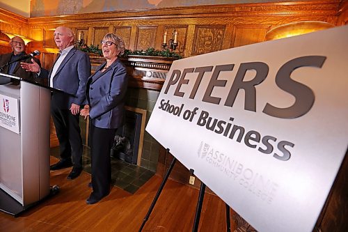 12122023
Gord and Diane Peters speak at Assiniboine Community College&#x2019;s north hill campus on Tuesday during an announcement unveiling the Peters School of Business. The Peters&#x2019; also donated a gift of $10 million toward the school.
(Tim Smith/The Brandon Sun)