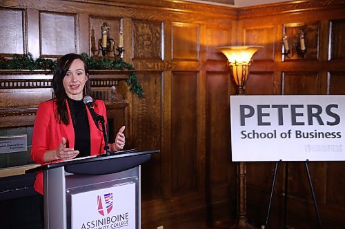 12122023
Ren&#xe9;e Cable, Minister of Advanced Education and Training, speaks during an event at ACCs north hill campus on Tuesday to unveil the Peters School of Business. Gord and Diane Peters&#x2019; also donated a gift of $10 million toward the school.
(Tim Smith/The Brandon Sun)