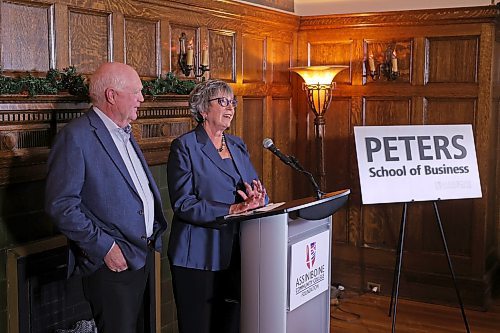 12122023
Gord and Diane Peters speak at Assiniboine Community College&#x2019;s north hill campus on Tuesday during an announcement unveiling the Peters School of Business. The Peters&#x2019; also donated a gift of $10 million toward the school.
(Tim Smith/The Brandon Sun)