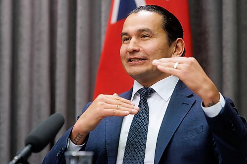 Premier Wab Kinew and Finance Minister Adrien Sala hold a press conference to announce that the government is “taking steps to address the deficit while delivering for Manitobans.” (Mike Deal/Winnipeg Free Press)