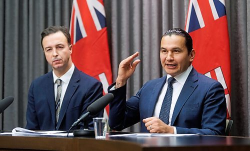 Premier Wab Kinew and Finance Minister Adrien Sala hold a press conference to announce that the government is “taking steps to address the deficit while delivering for Manitobans.” (Mike Deal/Winnipeg Free Press)