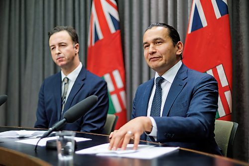 Premier Wab Kinew and Finance Minister Adrien Sala hold a press conference to announce that the government is “taking steps to address the deficit while delivering for Manitobans.” (Mike Deal/Winnipeg Free Press)