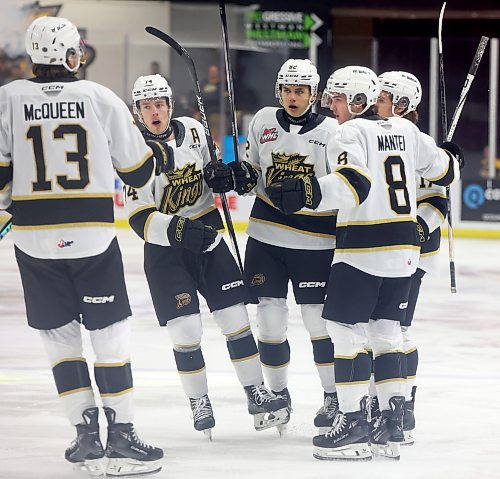 Brandon Wheat Kings players celebrate a goal by Quinn Mantei (8) during Western Hockey League action against the Kelowna Rockets at Westoba Place on Wednesday night. (Tim Smith/The Brandon Sun)