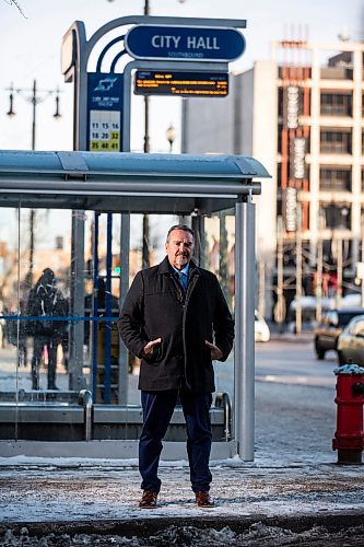 MIKAELA MACKENZIE / WINNIPEG FREE PRESS
	
Robert Chrismas, leader of the incoming transit security force (and former police officer), at the City Hall transit stop on Wednesday, Dec. 13, 2023. For Tyler story.
Winnipeg Free Press 2023