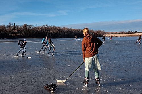 06122023
Grades seven to nine students from Assiniboine Valley Christian School took advantage of the mild weather and lack of snow to spend the afternoon skating and playing hockey on Lake Clementi south of Brandon. (Tim Smith/The Brandon Sun)