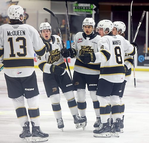 13122023
Brandon Wheat Kings players celebrate a goal by Quinn Mantei #8 during WHL action against the Kelowna Rockets at Westoba Place on Wednesday evening.   (Tim Smith/The Brandon Sun)