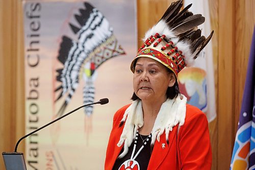 MIKE DEAL / WINNIPEG FREE PRESS
Grand Chief Cathy Merrick, Assembly of Manitoba Chiefs speaks Thursday during an announcement at the Ma Mawi Chi Itata Centre, 455 King Street, about a new initiative aimed at addressing violence against Indigenous women, girls, and 2SLGBTQQIA+ peoples. 
See Nicole Buffie story
231214 - Thursday, December 14, 2023.