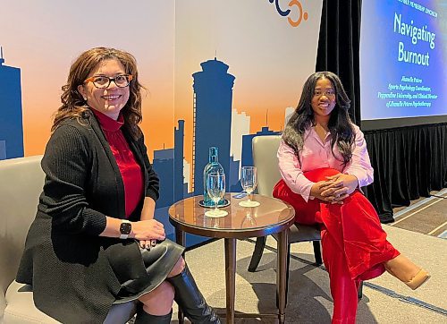 GABRIELLE PICHE / WINNIPEG FREE PRESS

Jhanelle Peters, right, spoke about overcoming burnout at work at a Winnipeg Chamber of Commerce event. She runs her own psychotherapy practice and is the former Toronto Raptors mental health clinician. She sits with Jeannette Montufar-MacKay.

 December 14, 2023