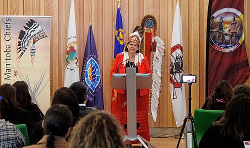 MIKE DEAL / WINNIPEG FREE PRESS
Grand Chief Cathy Merrick, Assembly of Manitoba Chiefs speaks Thursday during an announcement at the Ma Mawi Chi Itata Centre, 455 King Street, about a new initiative aimed at addressing violence against Indigenous women, girls, and 2SLGBTQQIA+ peoples. 
See Nicole Buffie story
231214 - Thursday, December 14, 2023.