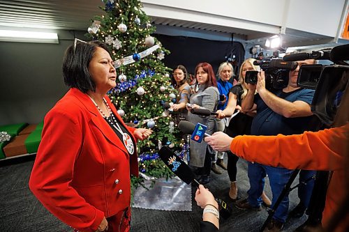 MIKE DEAL / WINNIPEG FREE PRESS
Grand Chief Cathy Merrick, Assembly of Manitoba Chiefs speaks Thursday after an announcement at the Ma Mawi Chi Itata Centre, 455 King Street, about a new initiative aimed at addressing violence against Indigenous women, girls, and 2SLGBTQQIA+ peoples. 
See Nicole Buffie story
231214 - Thursday, December 14, 2023.