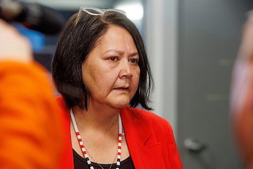 MIKE DEAL / WINNIPEG FREE PRESS
Grand Chief Cathy Merrick, Assembly of Manitoba Chiefs speaks Thursday after an announcement at the Ma Mawi Chi Itata Centre, 455 King Street, about a new initiative aimed at addressing violence against Indigenous women, girls, and 2SLGBTQQIA+ peoples. 
See Nicole Buffie story
231214 - Thursday, December 14, 2023.