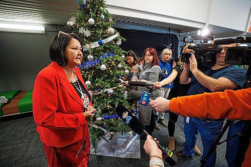 MIKE DEAL / WINNIPEG FREE PRESS
Grand Chief Cathy Merrick, Assembly of Manitoba Chiefs speaks Thursday after an announcement at the Ma Mawi Chi Itata Centre, 455 King Street, about a new initiative aimed at addressing violence against Indigenous women, girls, and 2SLGBTQQIA+ peoples. 
See Nicole Buffie story
231214 - Thursday, December 14, 2023.