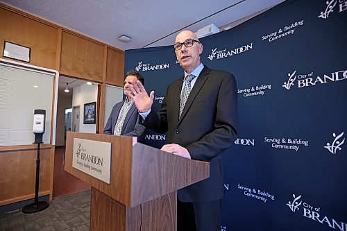 Brandon city manager Ron Bowles speaks at city hall on Friday during a press conference regarding the 2024 budget and the release of a contracted sustainability report by MNP. (Tim Smith/The Brandon Sun)