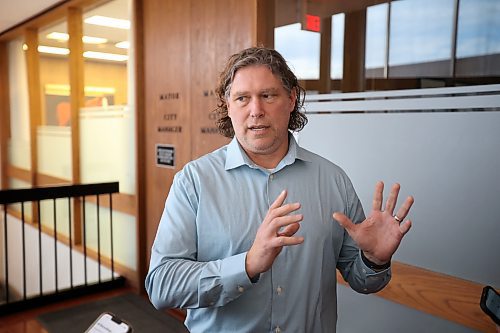 Brandon Mayor Jeff Fawcett speaks to members of the media outside his office after city manager Ron Bowles spoke at city hall on Friday regarding the 2024 budget and the release of a contracted sustainability report by MNP. (Tim Smith/The Brandon Sun)