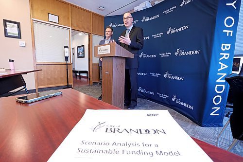 Brandon city manager Ron Bowles speaks at city hall on Friday during a press conference regarding the 2024 budget and the release of a contracted sustainability report by MNP. See story on Page A3. (Tim Smith/The Brandon Sun)