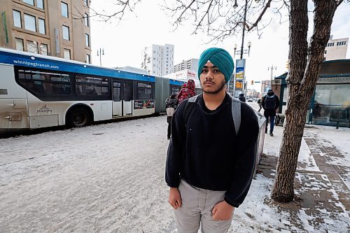 MIKE DEAL / WINNIPEG FREE PRESS
Bikramjeet Brar lives in the Amber Trails area of Winnipeg and usually takes the bus everyday when he is going to school which takes about 45 mins. 
Brar says he hasn&#x2019;t had any bad experiences and that the bus system is easily accessible. Sometimes he sees people getting a little aggressive on the bus, but they leave him alone. He feels that drivers should be paid more because they do a dangerous job.
231211 - Monday, December 11, 2023.