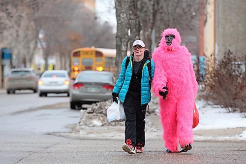 15122023
Laurissa Poets walks along Rosser Avenue with a friend in a pink gorilla costume on a grey yet mild Friday afternoon. 
(Tim Smith/The Brandon Sun)