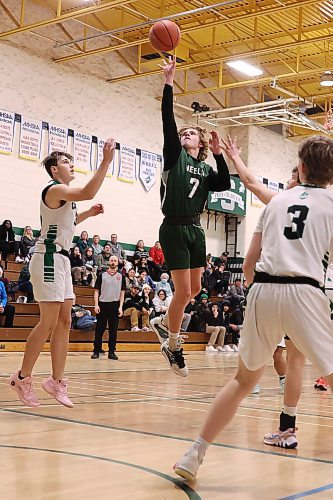 16122023
Owen Falk #7 of the Neelin Spartans leaps to let a shot off on net during the Spartans 20th annual Brandon Sun Spartan Invitational game against the Dauphin Clippers at &#xc9;cole Secondaire Neelin High School on Friday.
(Tim Smith/The Brandon Sun)