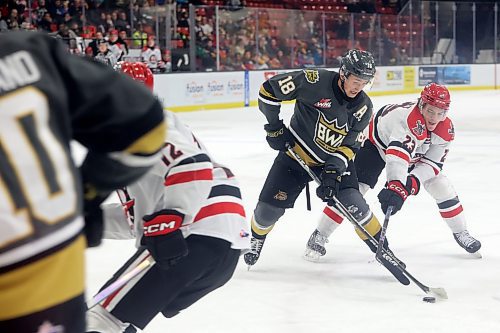 16122023
Rylen Roersma #18 of the Brandon Wheat Kings jostles for the puck with Atley Calvert #23 of the Moose Jaw Warriors during WHL action at Westoba Place on Saturday evening.
(Tim Smith/The Brandon Sun)