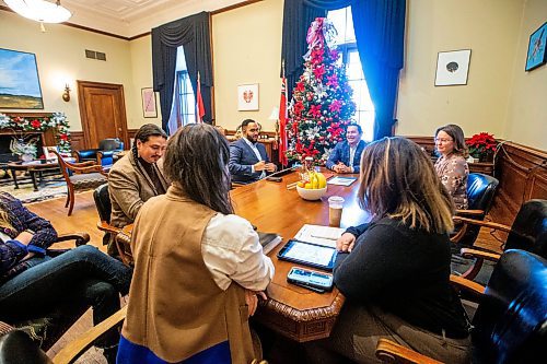 MIKAELA MACKENZIE / WINNIPEG FREE PRESS
	
Wab Kinew has a morning meeting with senior staff at his office on Friday, Dec. 15, 2023. For Maggie story.
Winnipeg Free Press 2023