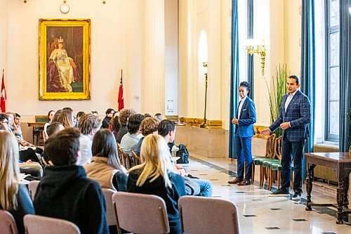 MIKAELA MACKENZIE / WINNIPEG FREE PRESS
	
Wab Kinew and Health Minister Uzoma Asagwara speak to students at the legislative building on Friday, Dec. 15, 2023. For Maggie story.
Winnipeg Free Press 2023