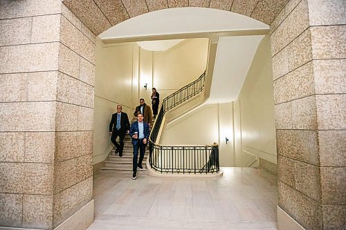 MIKAELA MACKENZIE / WINNIPEG FREE PRESS
	
Wab Kinew and entourage leave the legislative building to go to the Christmas Cheer Board on Friday, Dec. 15, 2023. For Maggie story.
Winnipeg Free Press 2023