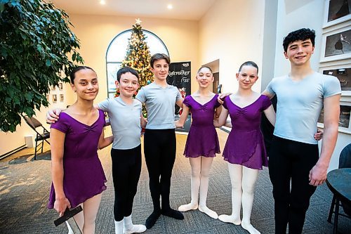 MIKAELA MACKENZIE / WINNIPEG FREE PRESS
	
Young Nutcracker dancers Kaya Jackson (left), Deklyn Lemoine, Nathaniel Williams, Nya Chapman, Ania Mackenzie, and Tamati Graham at the Royal Winnipeg Ballet on Thursday, Dec. 14, 2023. For Holly story.
Winnipeg Free Press 2023