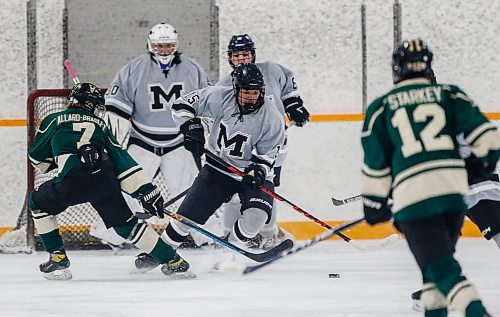 JOHN WOODS / WINNIPEG FREE PRESS
Maples Collegiate&#x2019;s Tristan Ross (15) defends against College Louis-Riel&#x2019;s Jonah Allard-Bradley (7) in first period high school action at Notre Dame Arena in Winnipeg Tuesday, December 19, 2023. Maples have started a team for the first time in more than a decade.

Reporter: Josh