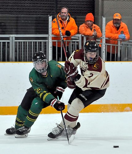 Senior forward Will Galatiuk (2) is ninth in Westman High School Hockey League scoring with 15 goals and 30 points. On a line with Landon Nadeau and Gilbert Teneycke, the trio have combined for 97 points for the Crocus Plainsmen. (Jules Xavier/The Brandon Sun)