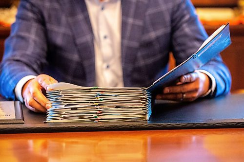 MIKAELA MACKENZIE / WINNIPEG FREE PRESS
	
Wab Kinew looks through a folder full of correspondence in his office on Friday, Dec. 15, 2023. For Maggie story.
Winnipeg Free Press 2023