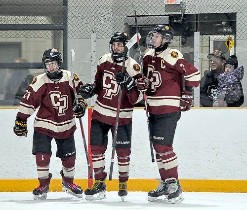 Crocus co-captain Will Galatiuk (2) and his linemates Landon Nadeau (21) and Gilbert Teneycke (middle) have combined for 97 points during the 2023-24 season. (Photo Jules Xavier/The Brandon Sun)