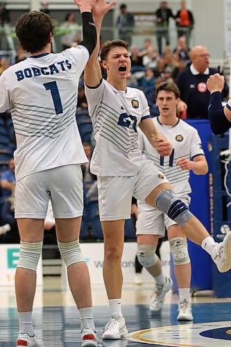 Fifth-year middle blocker Paycen Warkentin has his team leading the nation in blocking with 143 total blocks and 3.04 per set. (Thomas Friesen/The Brandon Sun)