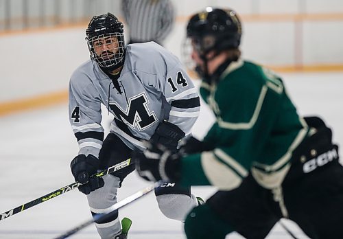 JOHN WOODS / WINNIPEG FREE PRESS
Maples Collegiate&#x2019;s Sanveer Singh (14) competes against College Louis-Riel in first period high school action at Notre Dame Arena in Winnipeg Tuesday, December 19, 2023. Maples have started a team for the first time in more than a decade.

Reporter: Josh