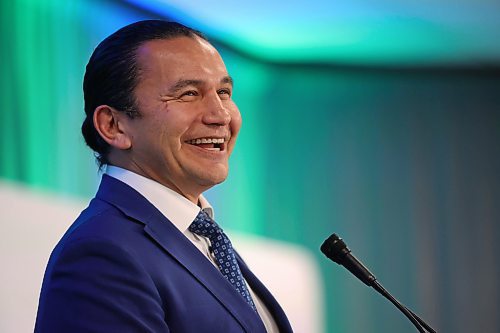 Manitoba Premier Wab Kinew laughs during a speech to delegates at the Association of Manitoba Municipalities conference at the Keystone Centre in Brandon earlier this year. On Thursday afternoon, the premier took questions from Brandon Sun editor Matt Goerzen as part of a year-end interview. (File/The Brandon Sun)