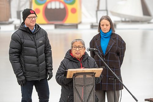BROOK JONES / WINNIPEG FREE PRESS
The skating rinks and trails at The Forks have been named Winnipeg 150 Winter Park to honour the city's 150th birthday. The Canopy Rink at The Forks also opened to the public during the monrning of Friday, Dec. 22, 2023. Pictured: Elder Barbara Nepinak (middle) speaks during the formal announcement at The Forks in Winnipeg, Man., Friday, Dec. 22, 2023. Also pictured are Winnipeg Mayor's Scott Gillingham and The Forks North Portage President and CEO Sara Stasiuk.