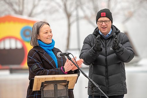 BROOK JONES / WINNIPEG FREE PRESS
The skating rinks and trails at The Forks have been named Winnipeg 150 Winter Park to honour the city's 150th birthday. The Canopy Rink at The Forks also opened to the public during the monrning of Friday, Dec. 22, 2023. Pictured: The Forks North Portage President and CEO Sara Stasiuk (left) and Winnipeg Mayor Scott Gillingham clap their hands during the formal announcement at The Forks in Winnipeg, Man., Friday, Dec. 22, 2023. Also pictured is Winnipeg Mayor's Scott Gillingham.
