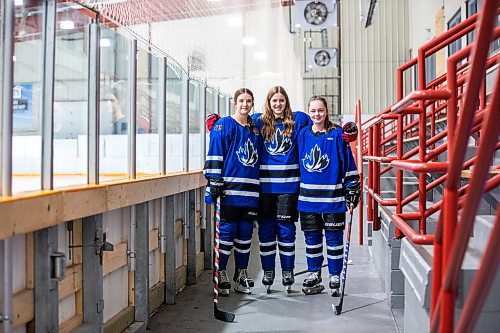 
MIKAELA MACKENZIE / WINNIPEG FREE PRESS
	
Payton Durand (left), Kennedy Carriere, and Jeri Lafleche, who lead the high-powered offence on the Collge Jeanne-Sauv girl's hockey team, on Friday, Dec. 22, 2023. For Josh story.
Winnipeg Free Press 2023