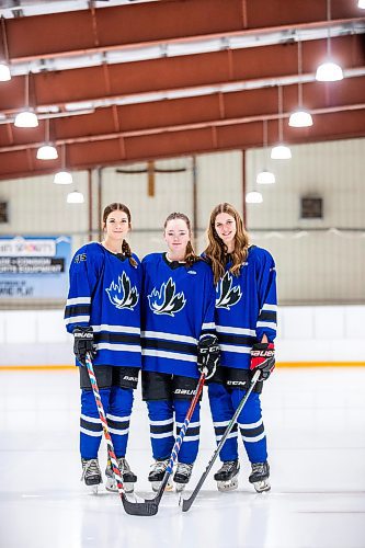 
MIKAELA MACKENZIE / WINNIPEG FREE PRESS
	
Payton Durand (left), Jeri Lafleche, and Kennedy Carriere, who lead the high-powered offence on the Collge Jeanne-Sauv girl's hockey team, on Friday, Dec. 22, 2023. For Josh story.
Winnipeg Free Press 2023