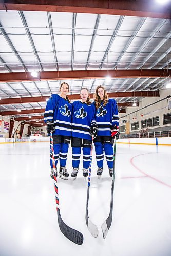 
MIKAELA MACKENZIE / WINNIPEG FREE PRESS
	
Payton Durand (left), Jeri Lafleche, and Kennedy Carriere, who lead the high-powered offence on the Collge Jeanne-Sauv girl's hockey team, on Friday, Dec. 22, 2023. For Josh story.
Winnipeg Free Press 2023