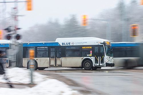 MIKAELA MACKENZIE / WINNIPEG FREE PRESS
	
A Winnipeg Transit bus headed to the U of M on the Blue Line on Friday, Dec. 22, 2023. For transit story.
Winnipeg Free Press 2023