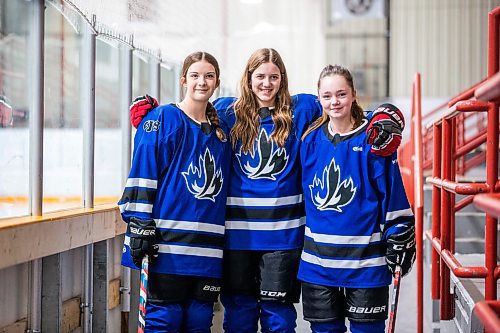 
MIKAELA MACKENZIE / WINNIPEG FREE PRESS
	
Payton Durand (left), Kennedy Carriere, and Jeri Lafleche, who lead the high-powered offence on the Collge Jeanne-Sauv girl's hockey team, on Friday, Dec. 22, 2023. For Josh story.
Winnipeg Free Press 2023