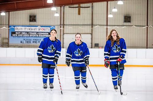 
MIKAELA MACKENZIE / WINNIPEG FREE PRESS
	
Payton Durand (left), Jeri Lafleche, and Kennedy Carriere, who lead the high-powered offence on the Collge Jeanne-Sauv girl's hockey team, on Friday, Dec. 22, 2023. For Josh story.
Winnipeg Free Press 2023