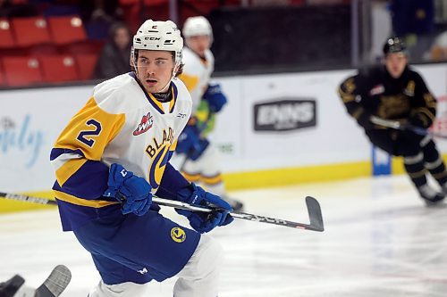 29122023
Ben Saunderson #2 of the Saskatoon Blades during WHL action against the Brandon Wheat Kings at Westoba Place on Friday evening. (Tim Smith/The Brandon Sun)