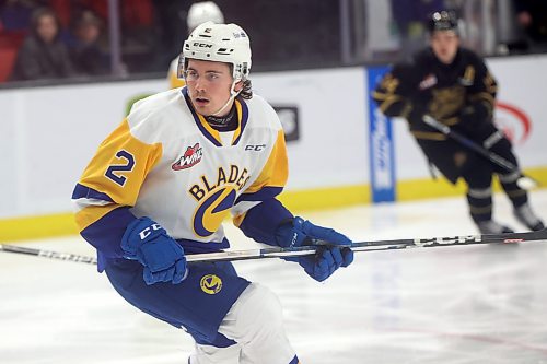 29122023
Ben Saunderson #2 of the Saskatoon Blades during WHL action against the Brandon Wheat Kings at Westoba Place on Friday evening. (Tim Smith/The Brandon Sun)