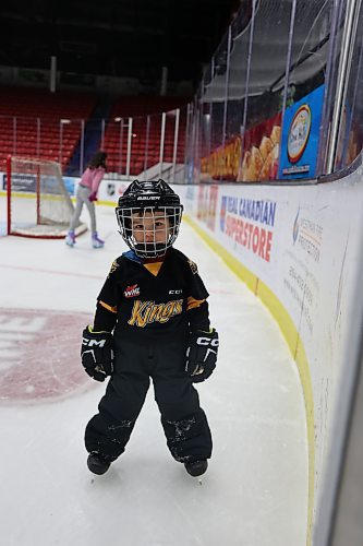 Two-year old Beau and his dad Cody (not pictured) skate at Westoba Place on Saturday, Dec. 30, as part of the family skate put on by The City of Brandon. (Kyla Henderson/The Brandon Sun)