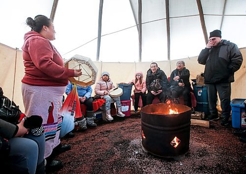 JOHN WOODS / WINNIPEG FREE PRESS
People take in Story Time In The Teepee with elder Barbara Nepinak at New Year&#x2019;s Day festivities at The Forks in Winnipeg Monday, January 1, 2024. 

Reporter: nicole