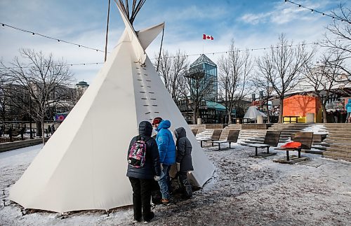 JOHN WOODS / WINNIPEG FREE PRESS
People enter Story Time In The Teepee with elder Barbara Nepinak at New Year&#x2019;s Day festivities at The Forks in Winnipeg Monday, January 1, 2024. 

Reporter: nicole
