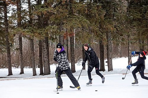 02012024
Jackson Lee, Reese Andres and Hudson Andres play shinny with family at the skating rink and trail in Wasagaming on a mild Tuesday afternoon.
(Tim Smith/The Brandon Sun)