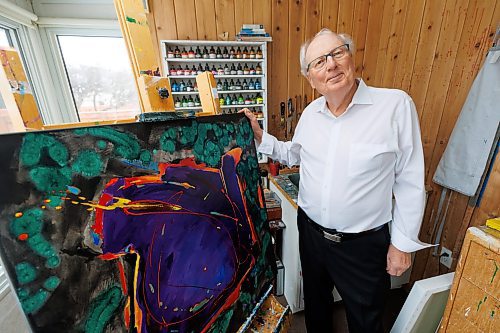 MIKE DEAL / WINNIPEG FREE PRESS
Barry Burdeny in his studio with one of his works, Forest Glade.
Barry Burdeny, a local artist, in his home which also doubles as his studio and gallery. Burdeny has been painting for over 55 years and is well known for his abstract and landscape works.
See Alan Small story
240103 - Wednesday, January 03, 2024.